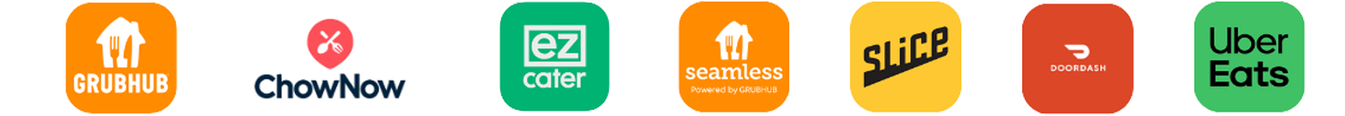 Delivery apps including Grubhub, ChowNow, EZCater, Seamless, Slice, DoorDash, and Uber Eats